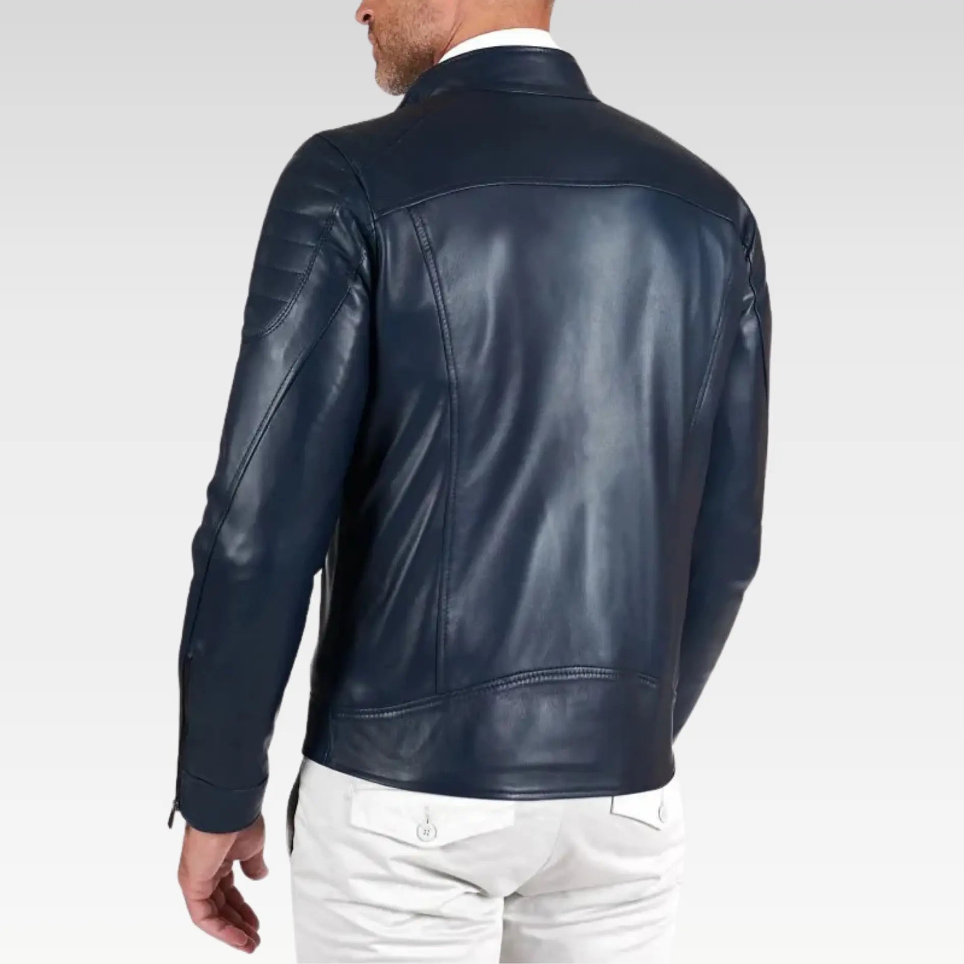 Blue quilted lamb leather biker jacket three zipper pockets