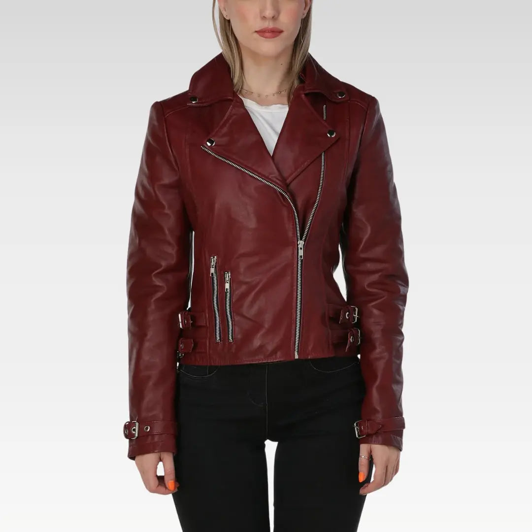 Burgundy Leather Jacket with Asymmetric Zipper