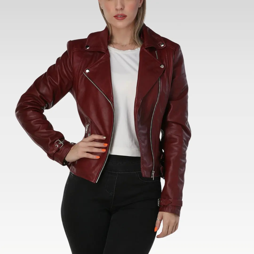 Burgundy Leather Jacket with Asymmetric Zipper