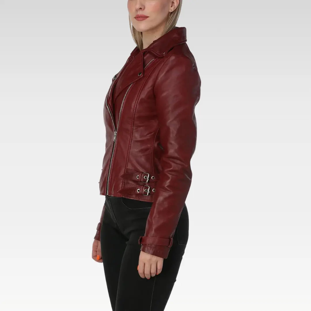 Burgundy Leather Jacket with Asymmetric Zipper