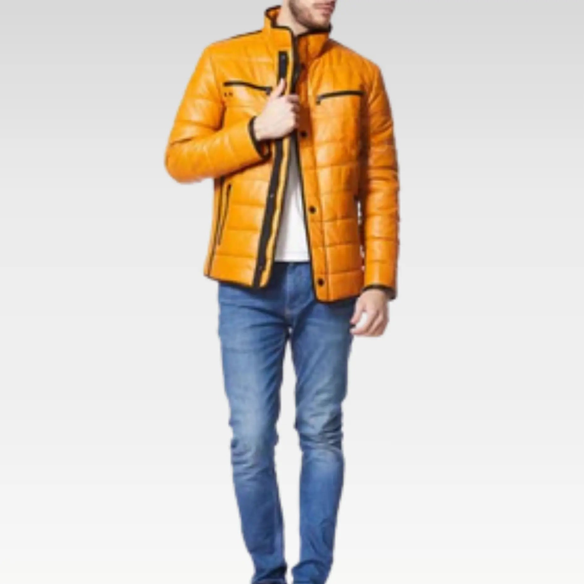 CAGE Yellow Padded Men's Premium Quilted Puffer Leather Jacket