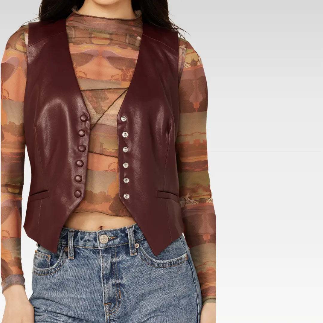 Close-up front view of the burgundy lambskin vest showing button details and welt pockets.