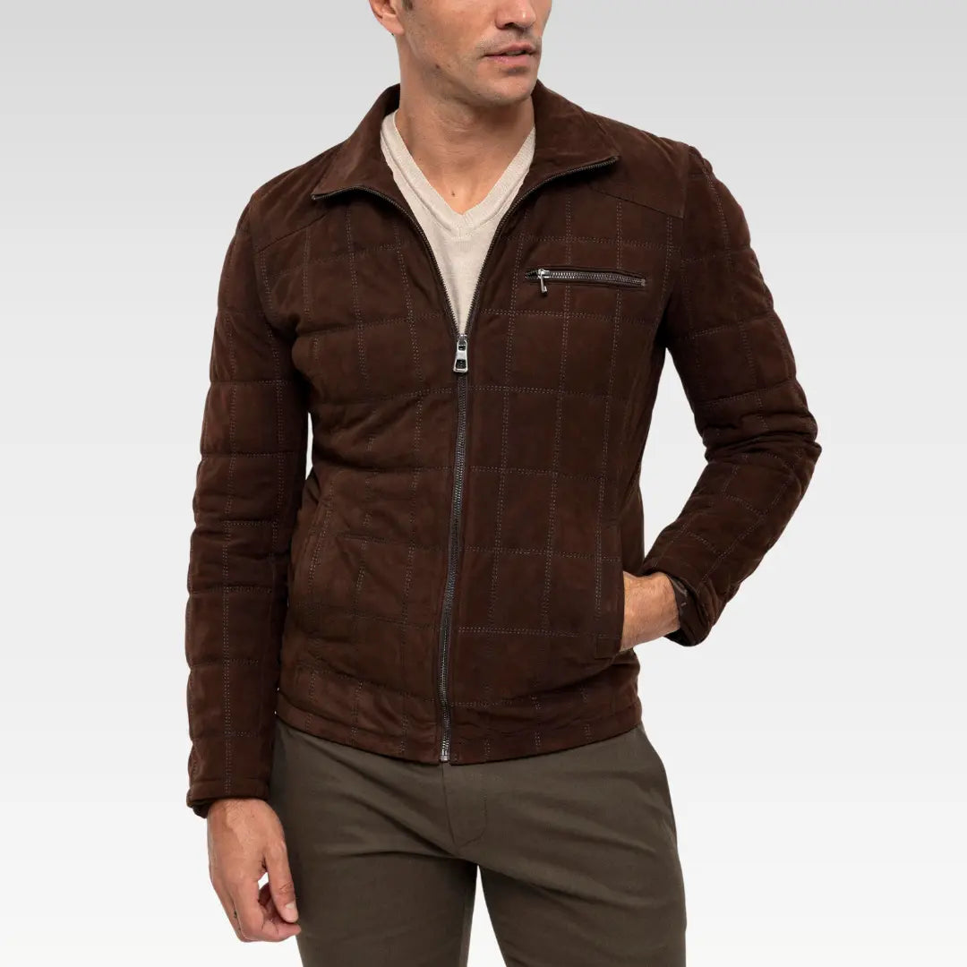 Model wearing the Coffee Zoren suede quilted jacket with front zipper and chest pocket, styled with casual pants.