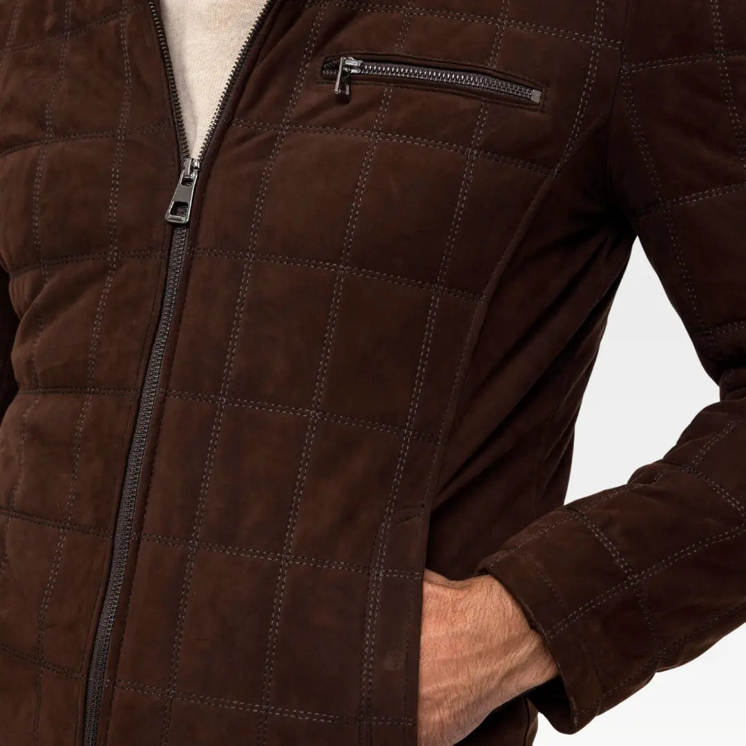 Close-up of the Coffee Zoren genuine suede leather jacket highlighting fine quilted stitching and soft suede texture.