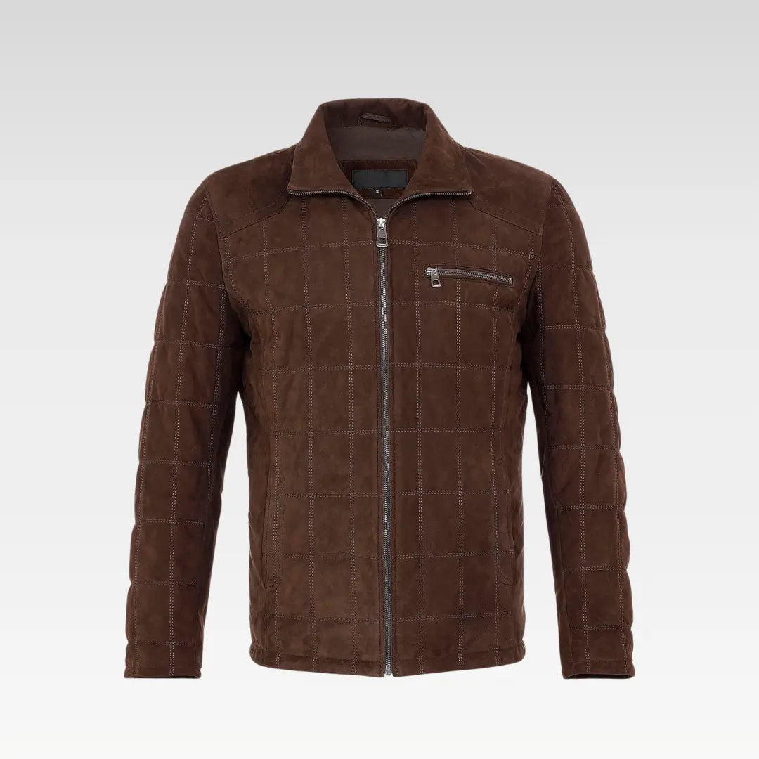 Studio display of Coffee Zoren genuine suede jacket featuring zipper closure and detailed quilting on smooth suede.