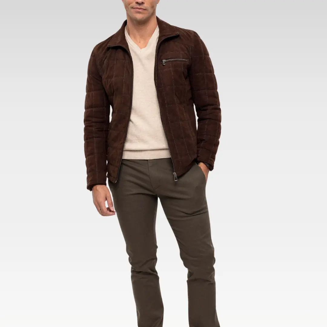 Full front view of Coffee Zoren men’s suede leather jacket with zipper closure and quilted stitching design.