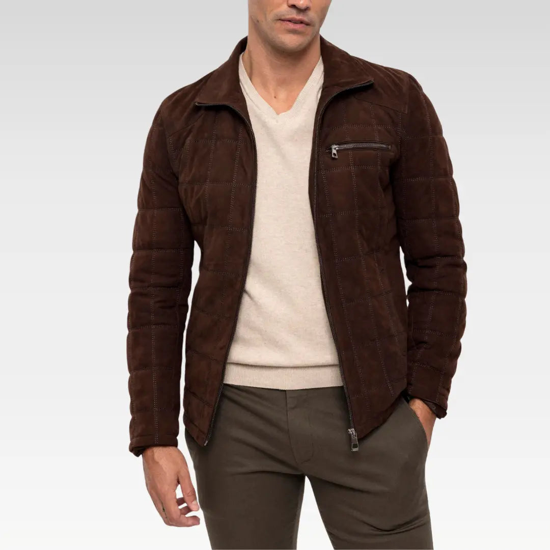 Model displaying open front style of Coffee Zoren suede jacket revealing soft interior lining and zipper details.