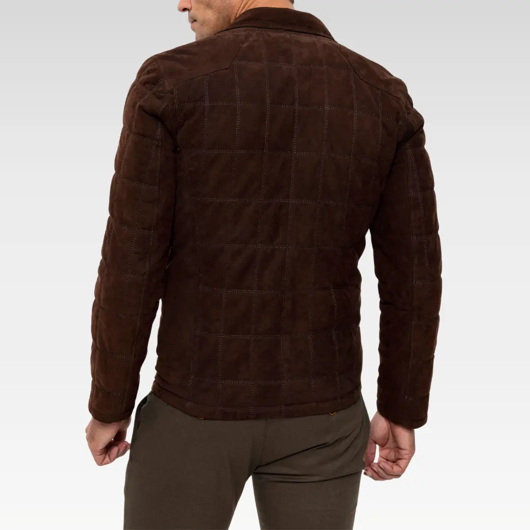 Rear view of the Coffee Zoren suede leather jacket showing quilted stitching and tailored fit in rich coffee brown