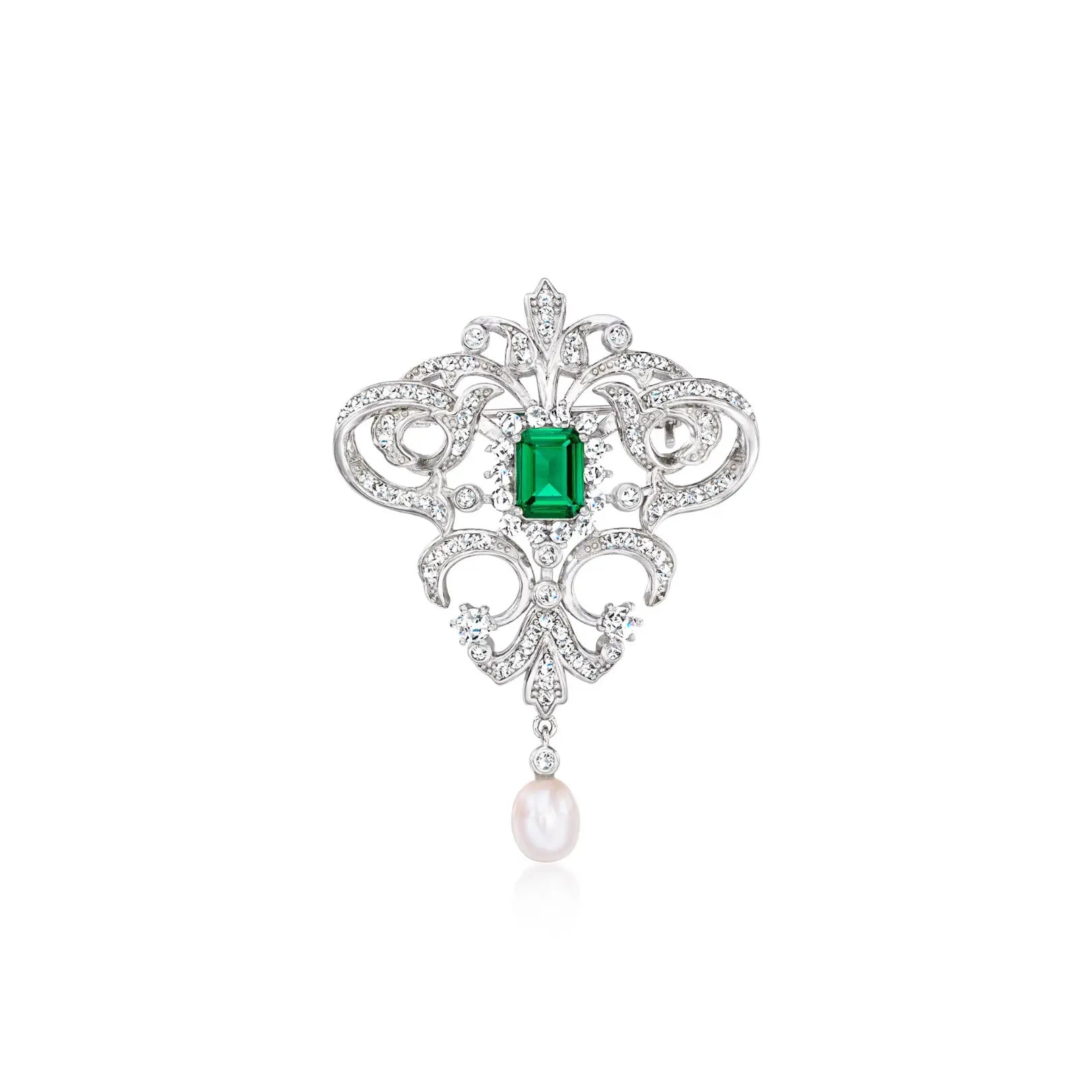 Cultured Pearl and Simulated Emerald Vintage-Style Pin