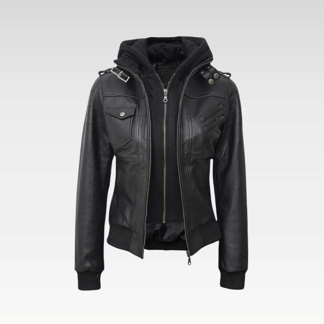 Edinburgh Womens Bomber Black Leather Jacket with Removable Hood