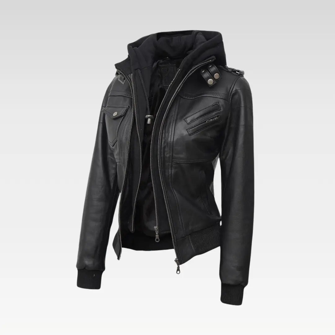 Edinburgh Womens Bomber Black Leather Jacket with Removable Hood