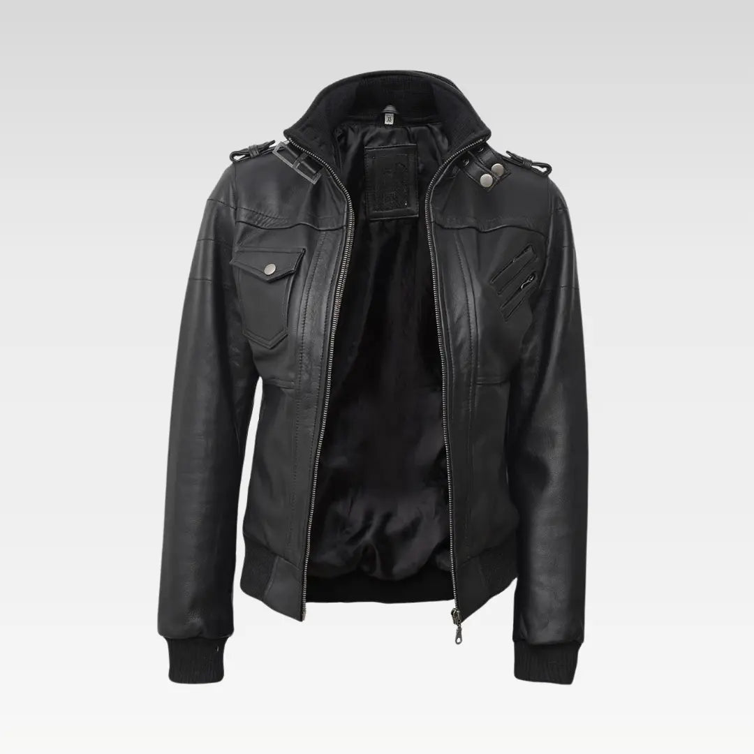 Edinburgh Womens Bomber Black Leather Jacket with Removable Hood