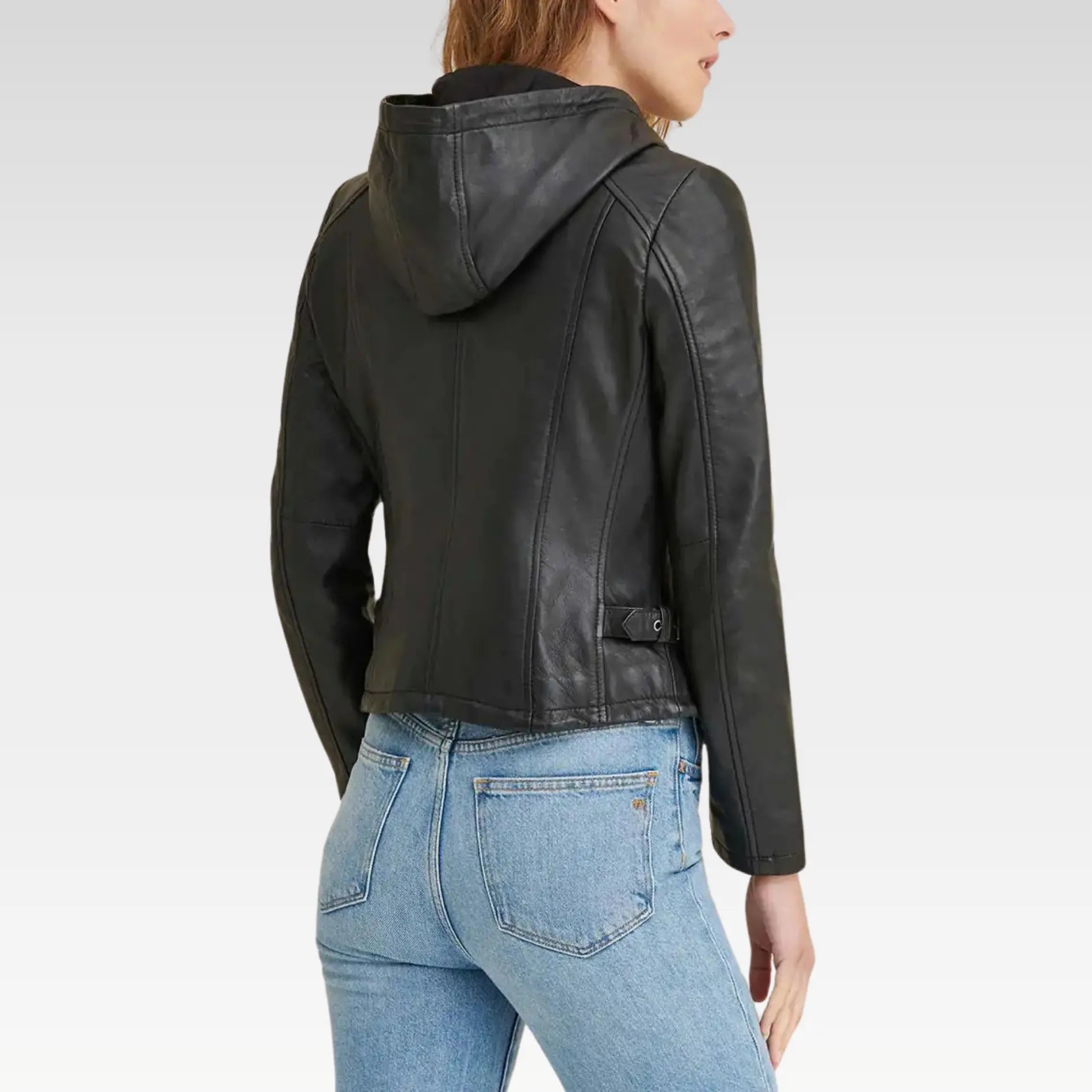 Elegant Diamond Black Hooded Real Leather Jacket