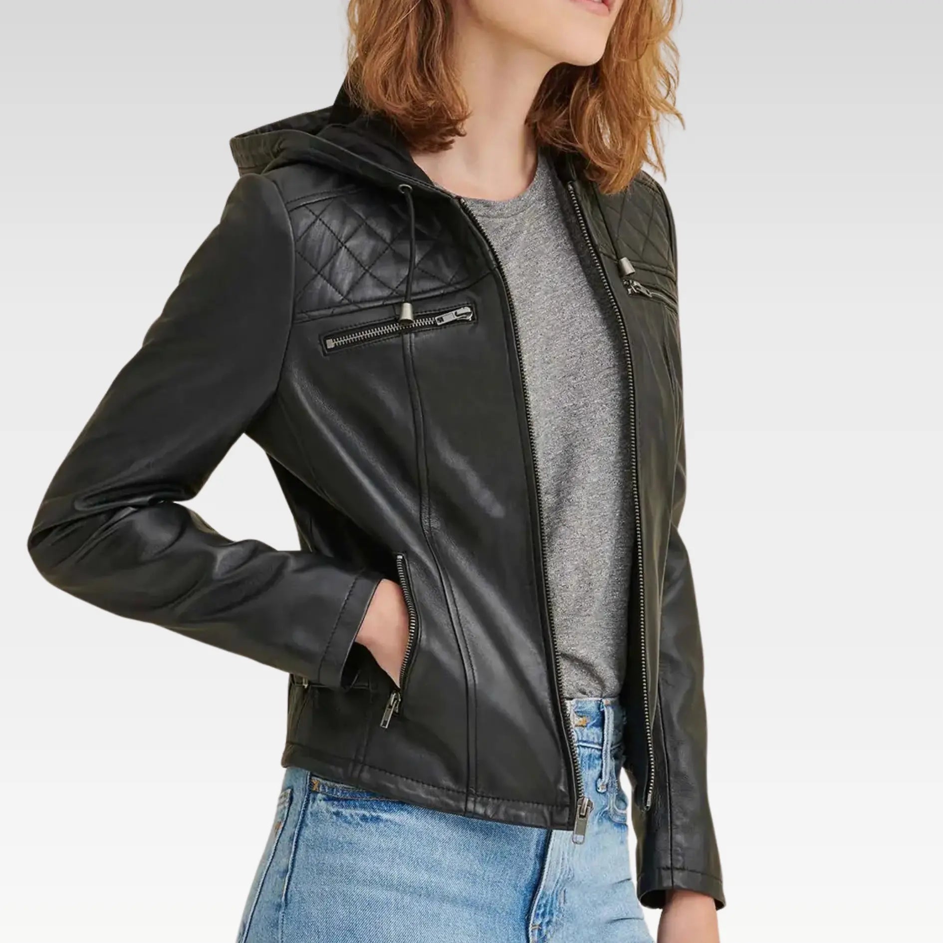 Elegant Diamond Black Hooded Real Leather Jacket