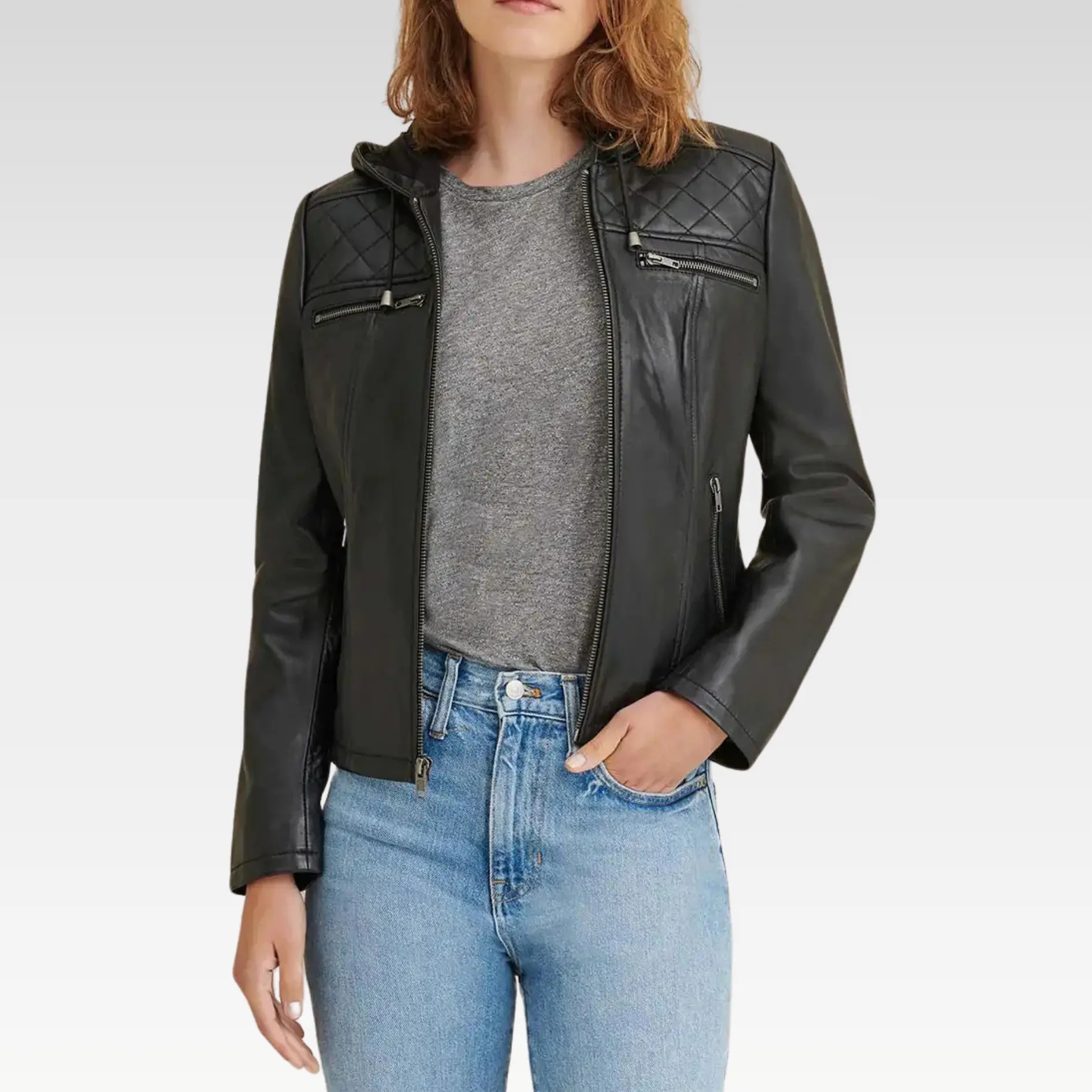 Elegant Diamond Black Hooded Real Leather Jacket