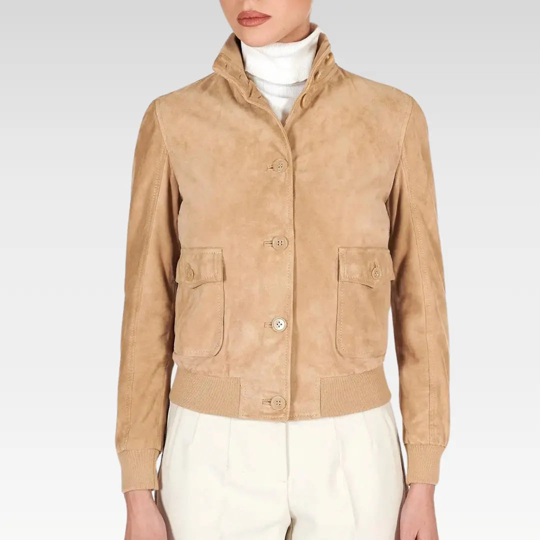 Faty - Suede Leather Bomber Jacket With Buttons