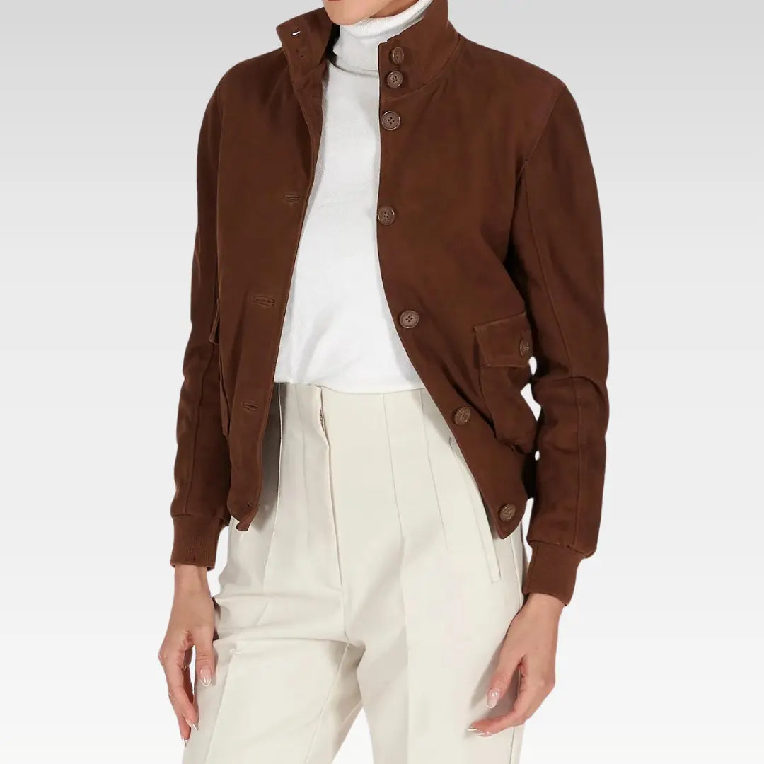 Faty - Suede Leather Bomber Jacket With Buttons