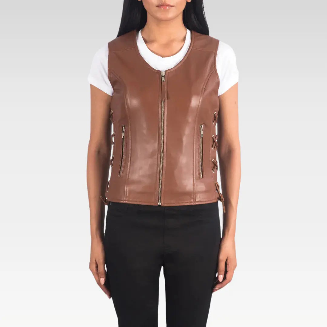 Front-facing view of brown leather vest featuring zipper closure and v-neckline