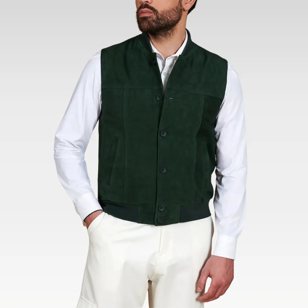 Man wearing a green suede leather vest with button-up front and white base layers.