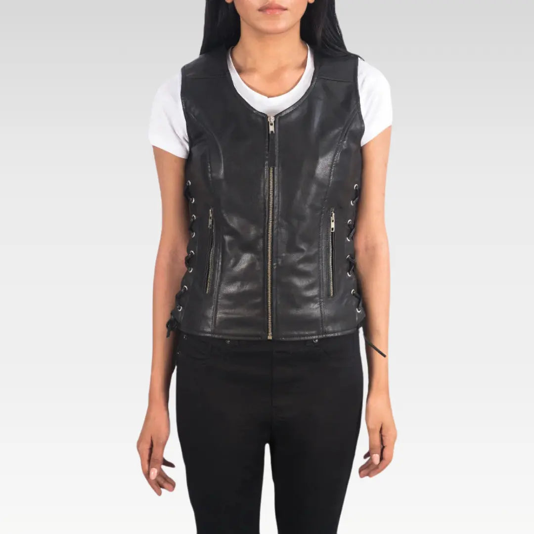 Woman wearing Vanda black goatskin leather biker vest with hands in pockets