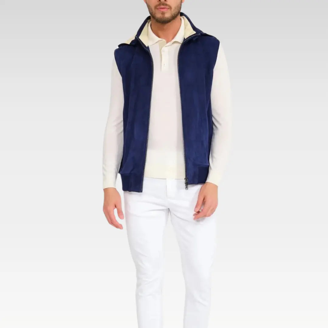 Men’s suede leather vest in navy blue, shown zipped down with ribbed hem and modern fit.