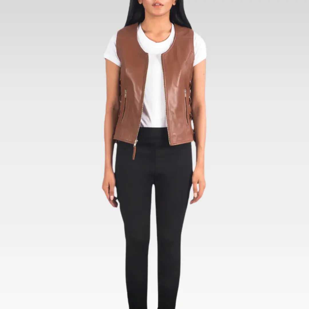 Complete outfit featuring black biker vest styled with black pants and white T-shirt