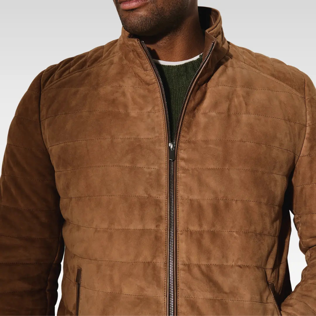 Close-up of the Gavin Quilted Suede Leather Jacket showing the rich suede texture, quilted stitching, and expert tailoring for a refined finish.