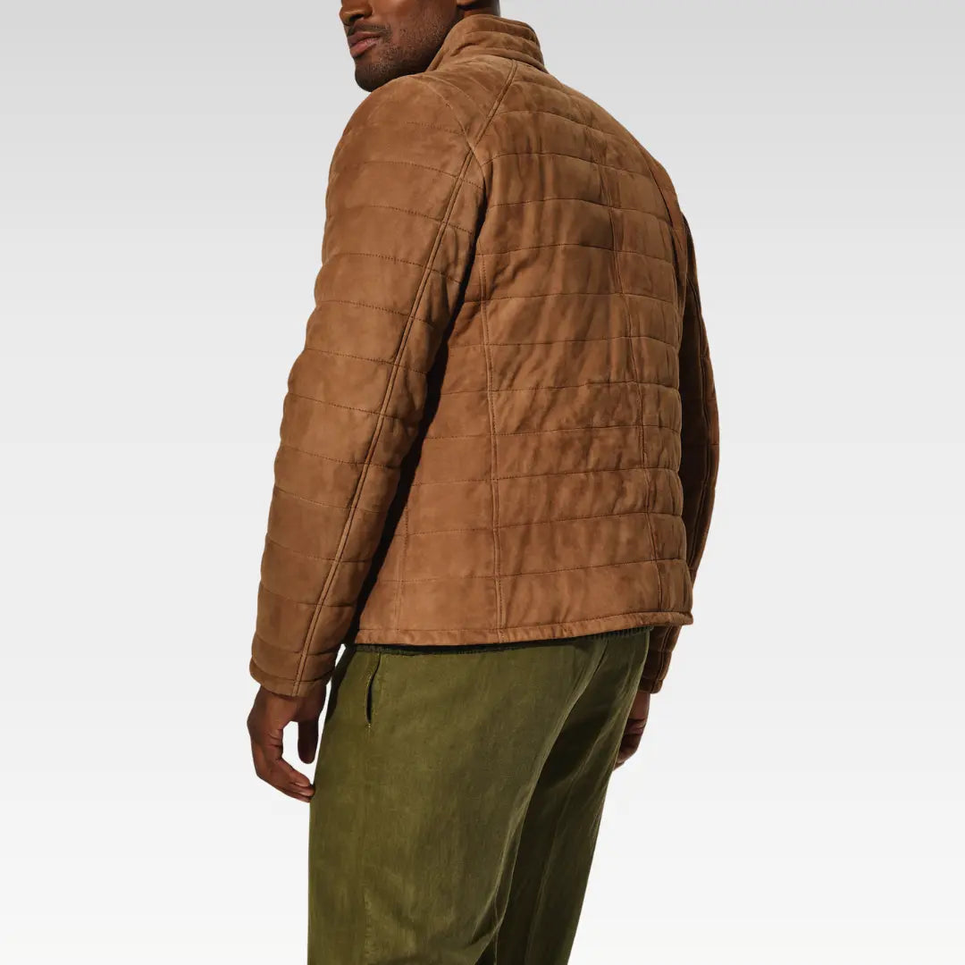 Side view of the Gavin Quilted Suede Leather Jacket in brown lambskin suede, showcasing its tailored fit and quilted detailing.