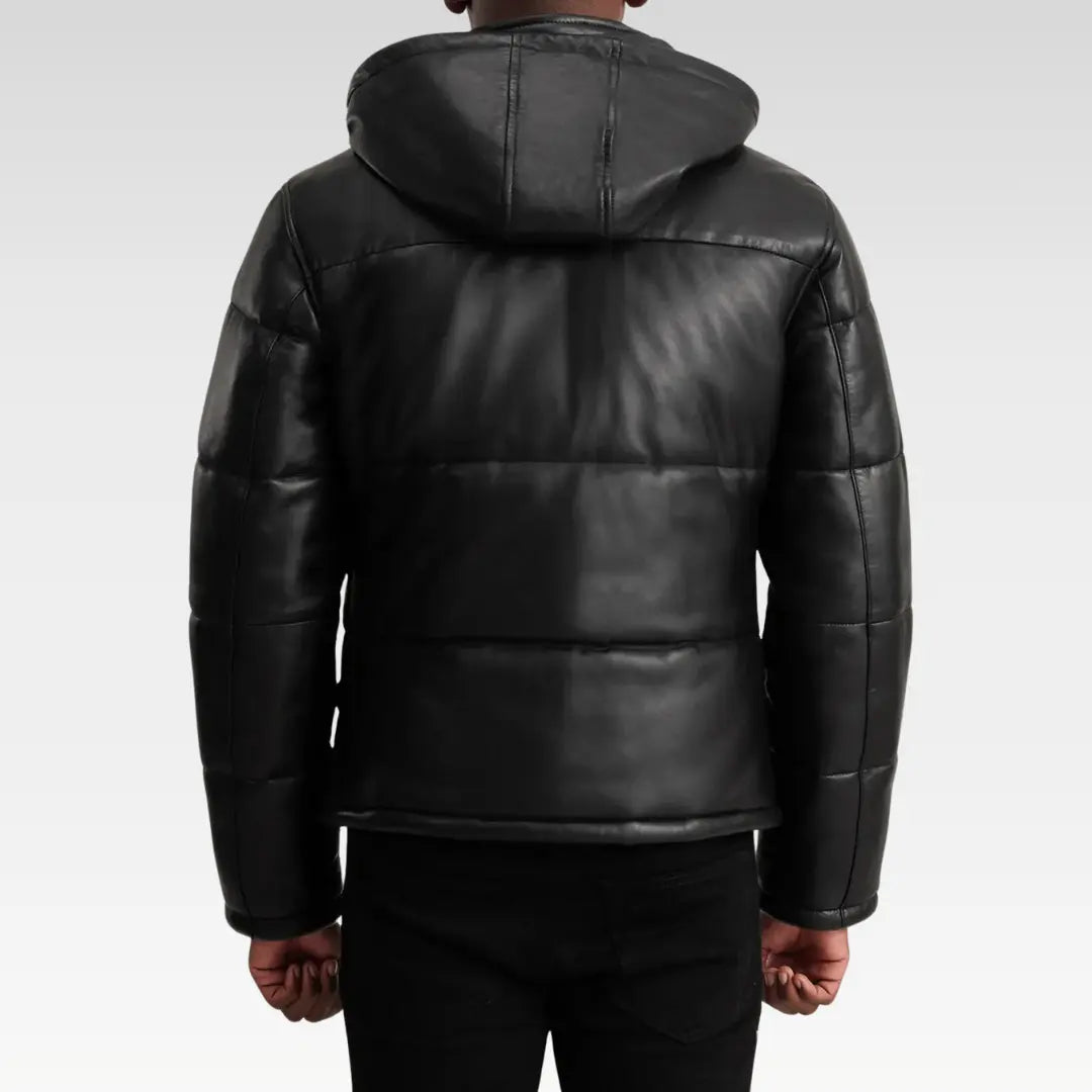 Rear view of the Gordon Black Hooded Leather Puffer Jacket highlighting its smooth leather finish and contoured stitching.