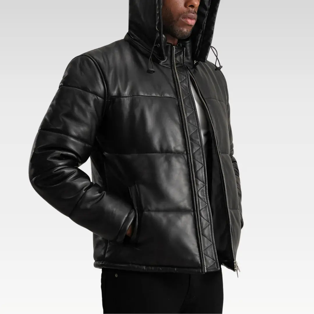 Side angle of the Gordon Black Hooded Leather Puffer Jacket emphasizing tailored fit and soft leather craftsmanship.
