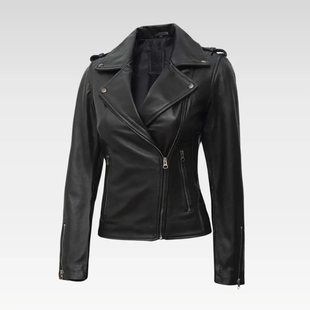 Kirsten Womens Black Asymmetrical Leather Biker Jacket