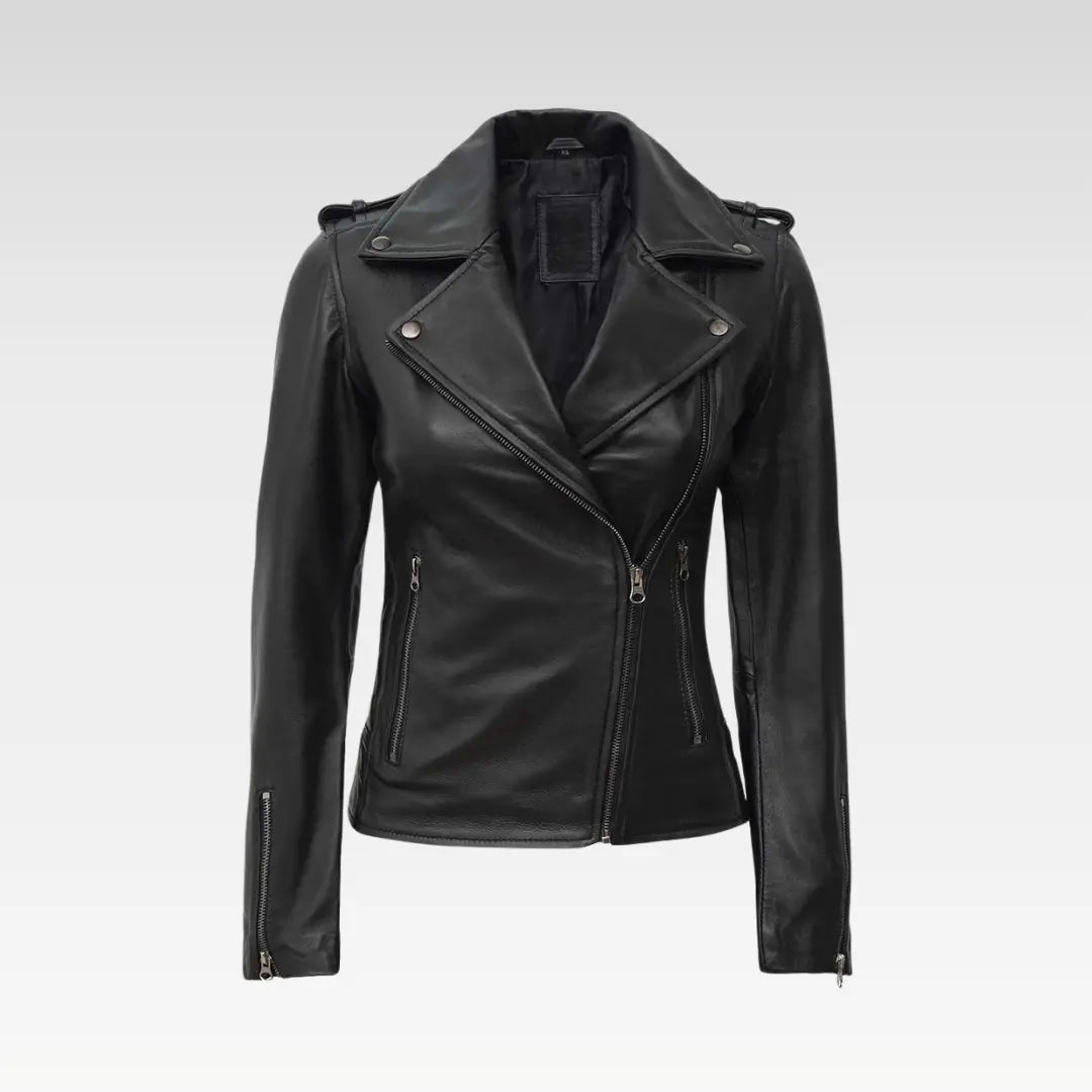 Kirsten Womens Black Asymmetrical Leather Biker Jacket