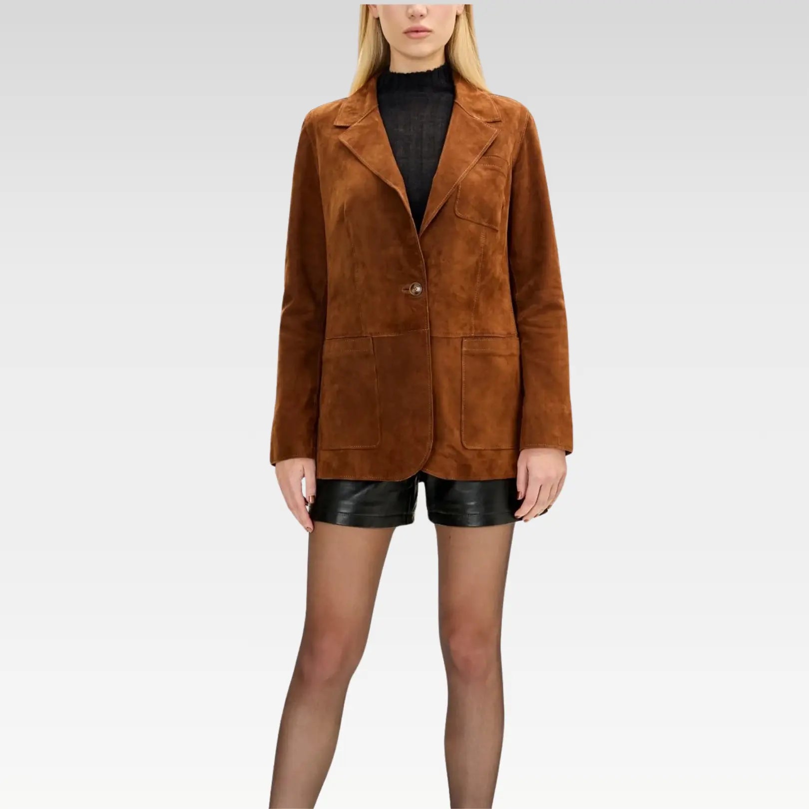 Front view of brown suede lambskin leather blazer featuring single-button design, patch pockets, and tailored fit.