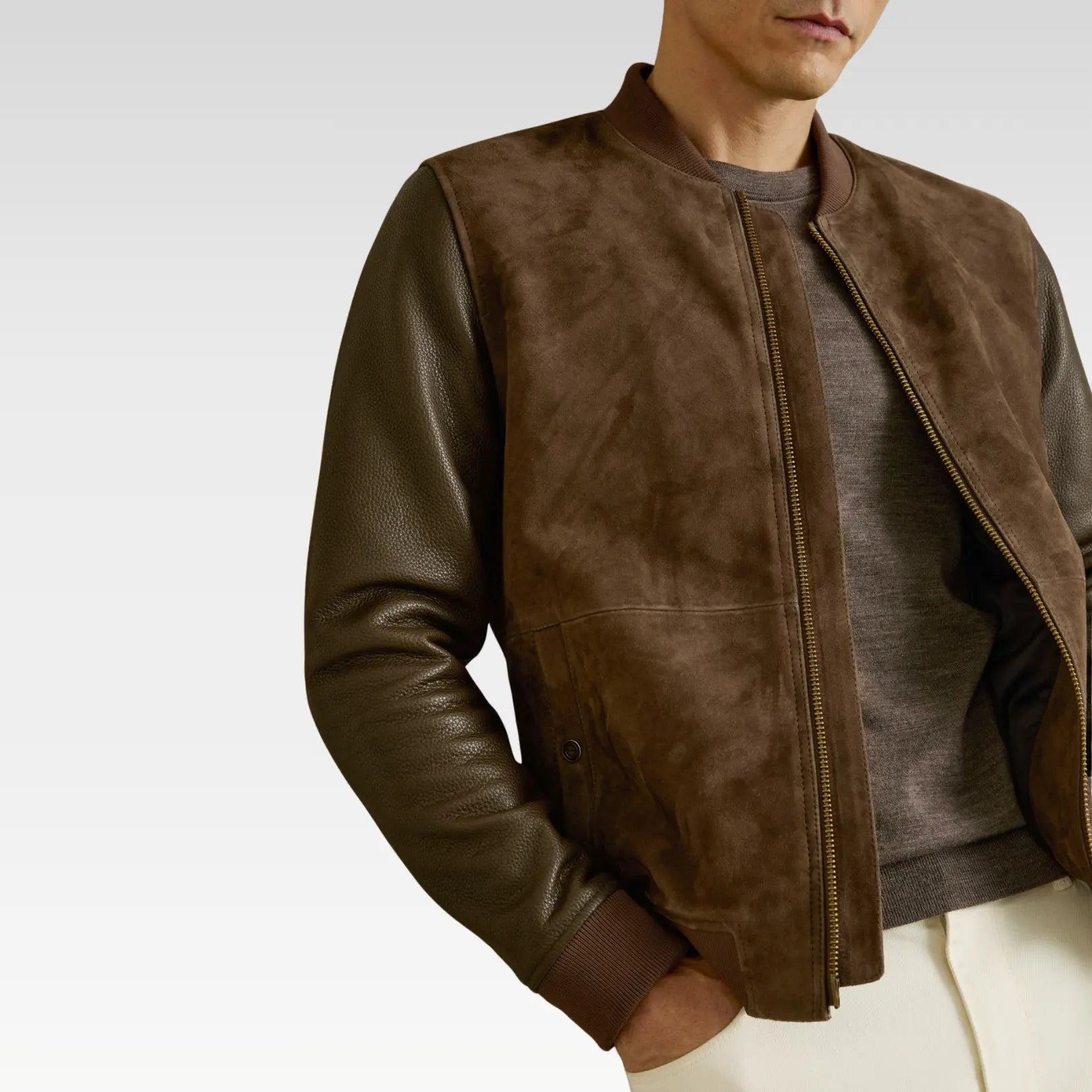 Man wearing a brown leather jacket on a white background