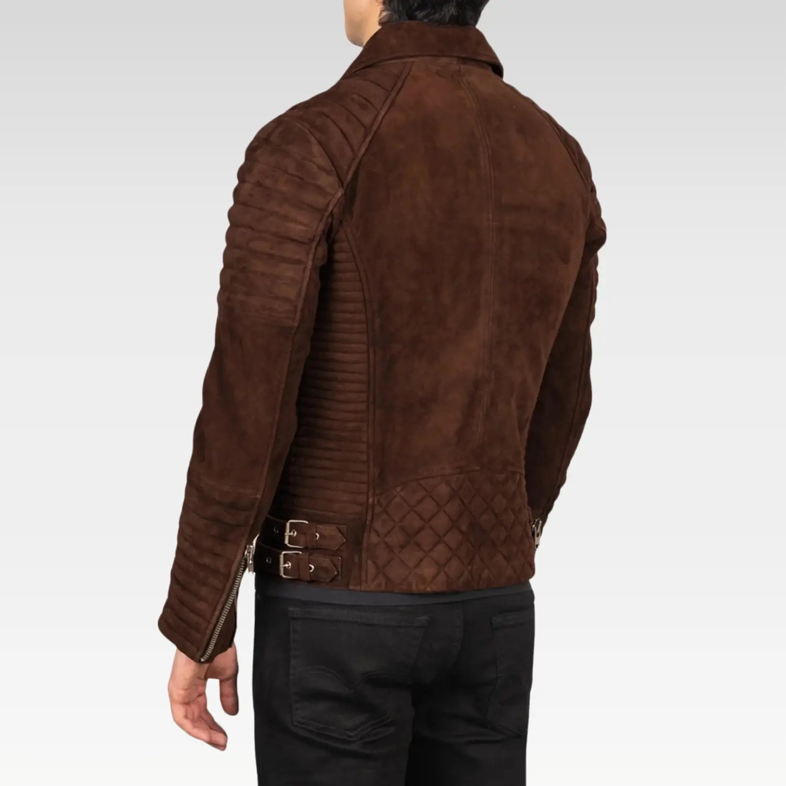 Back view of the Legacy Armand Mocha Suede Biker Jacket, showcasing the premium goatskin suede, quilted lining, and adjustable waist straps.