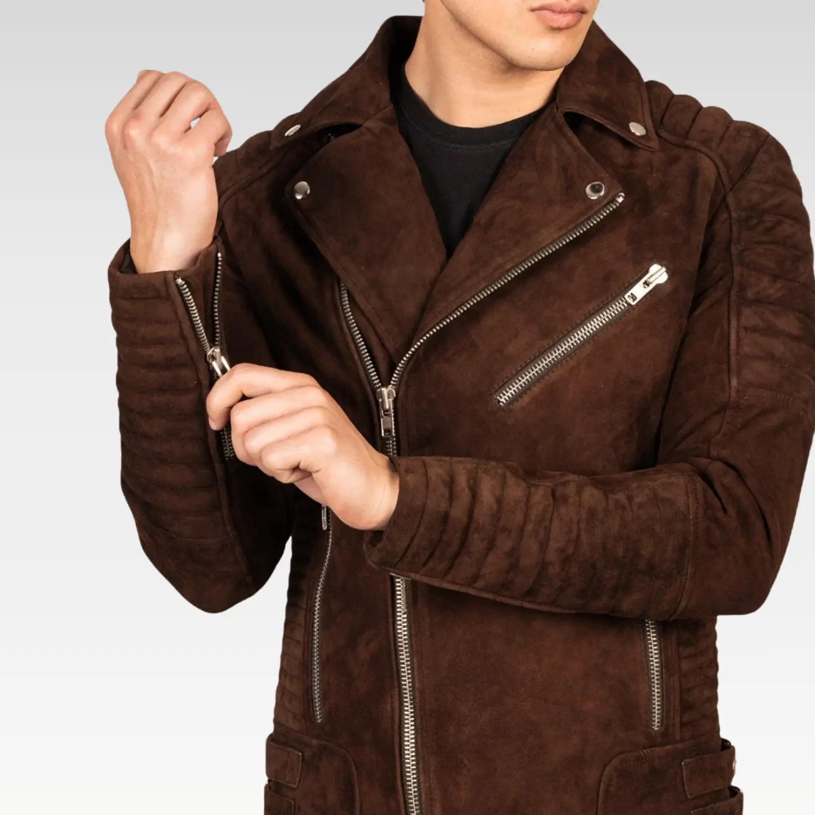 Close-up of the Legacy Armand Mocha Suede Biker Jacket, showing the quilted lining, large zipper, and premium suede texture.
