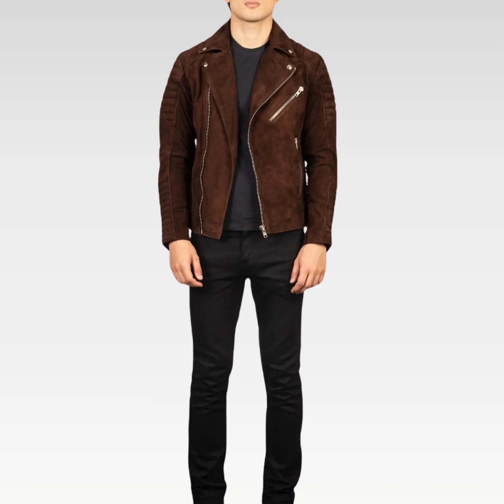 Front view of the Legacy Armand Mocha Suede Biker Jacket, highlighting the notch collar, zipper cuffs, and multiple exterior pockets