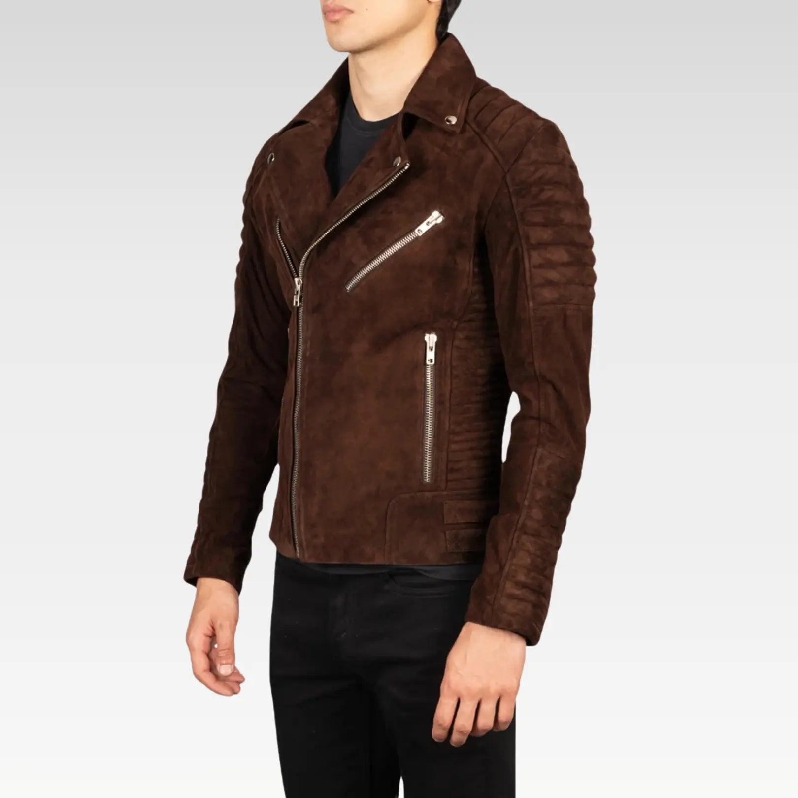 Side profile of the Legacy Armand Mocha Suede Biker Jacket, featuring accordion side panels and durable goatskin suede material.