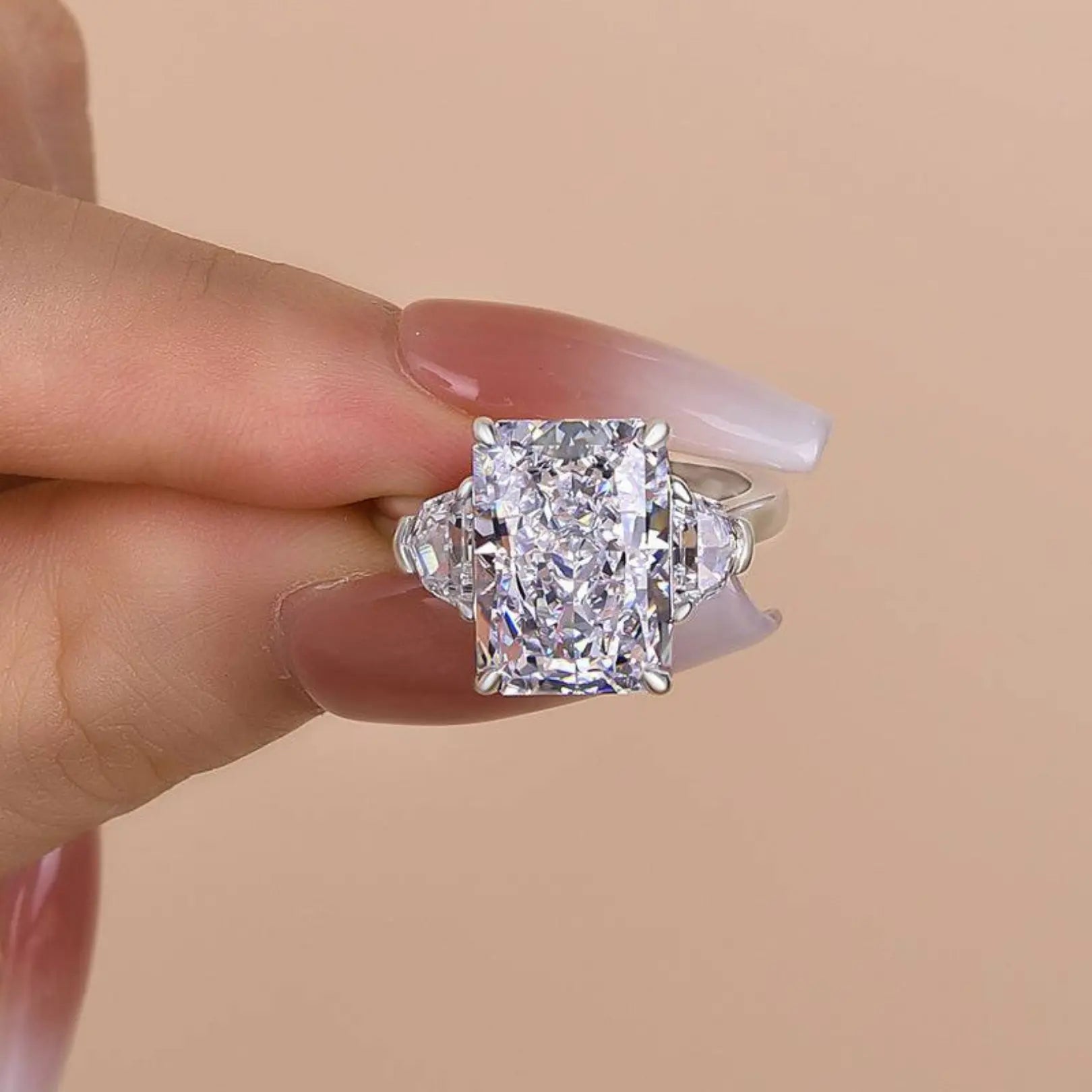 Luxurious Crushed Ice Radiant Cut Three Stone Engagement Ring