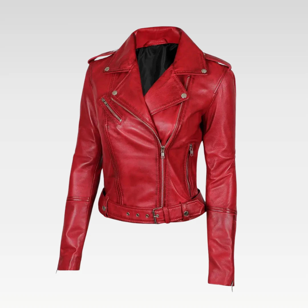 Margaret Red Ladies Biker Leather Jacket