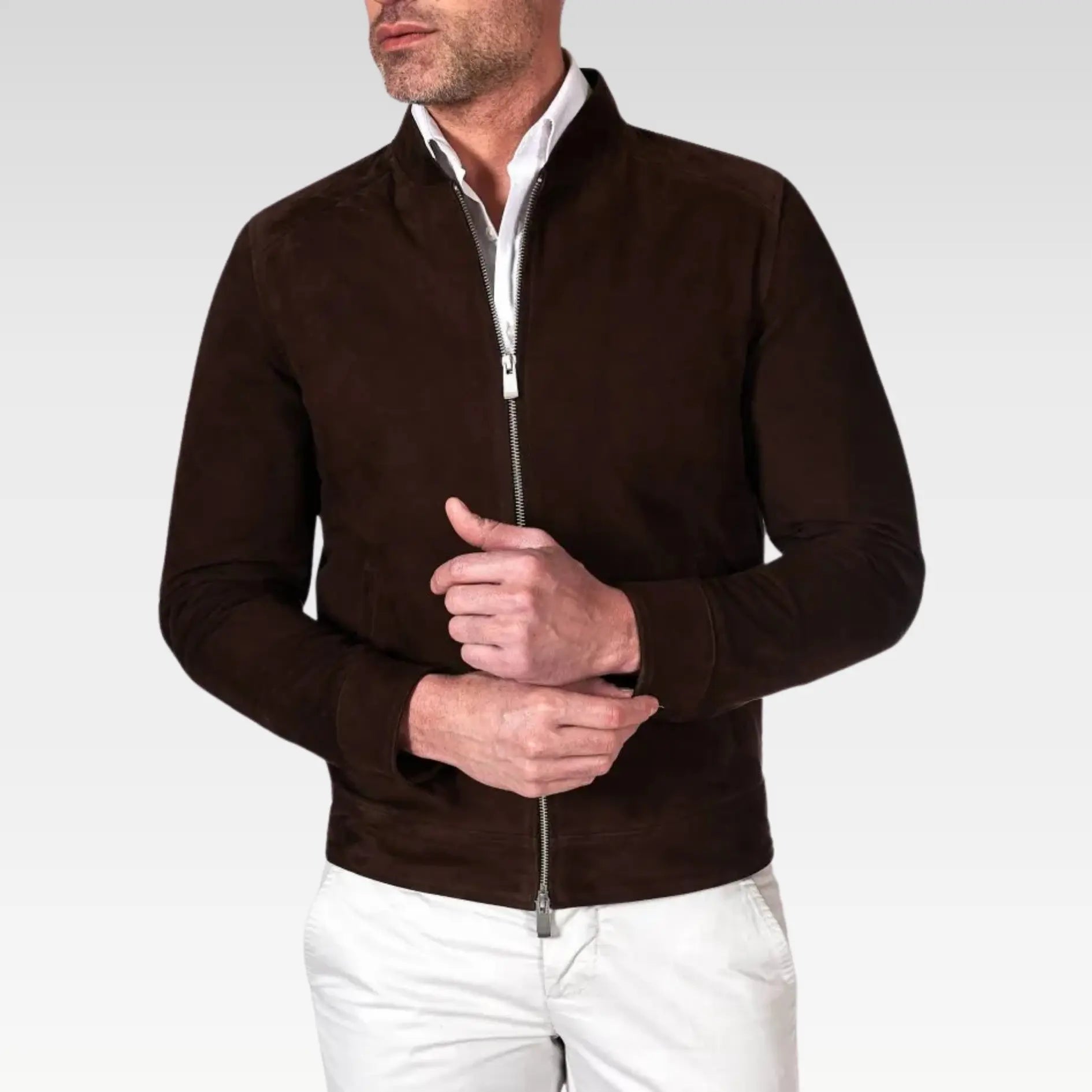 Marlon - Dark brown suede lamb leather jacket zipper closure