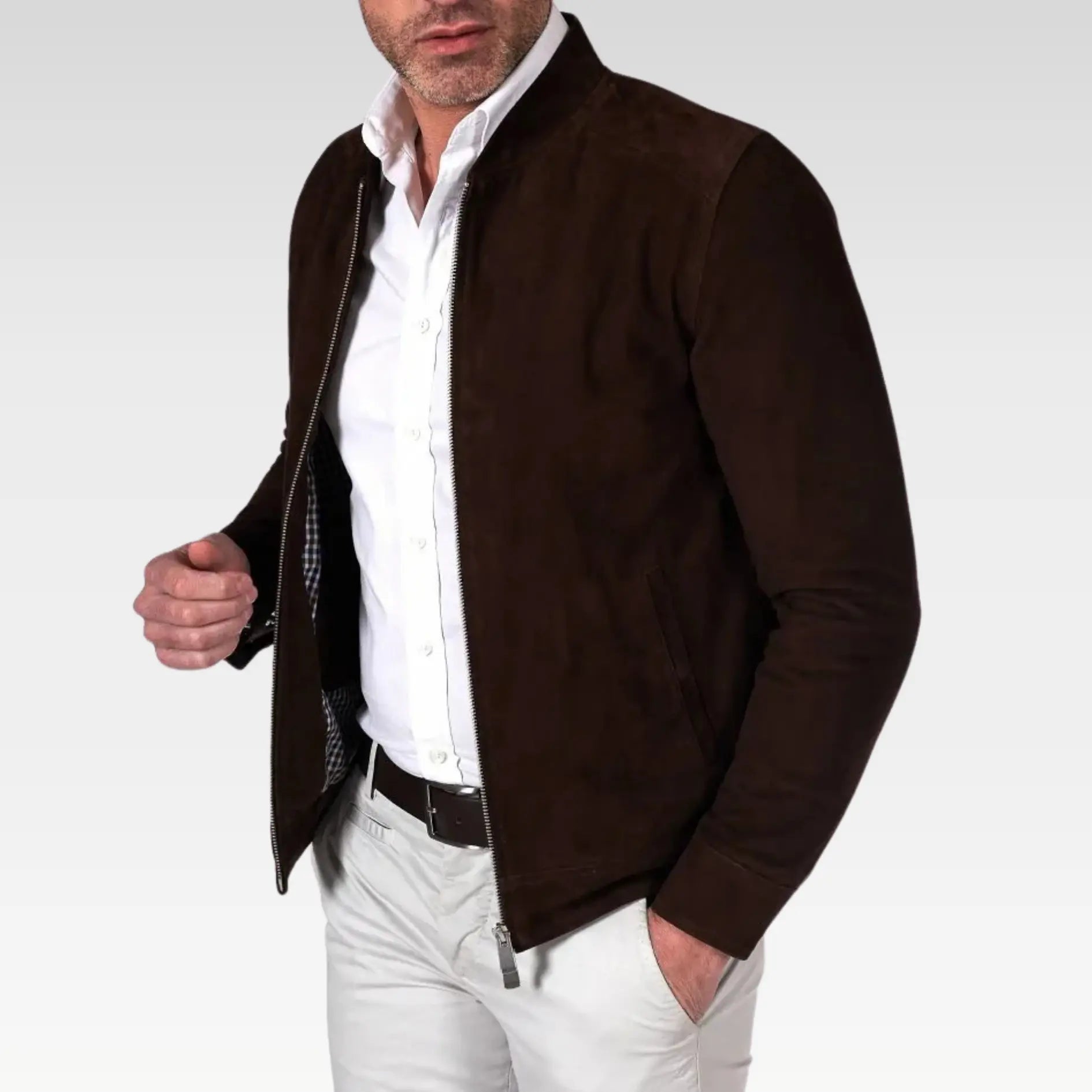 Marlon - Dark brown suede lamb leather jacket zipper closure