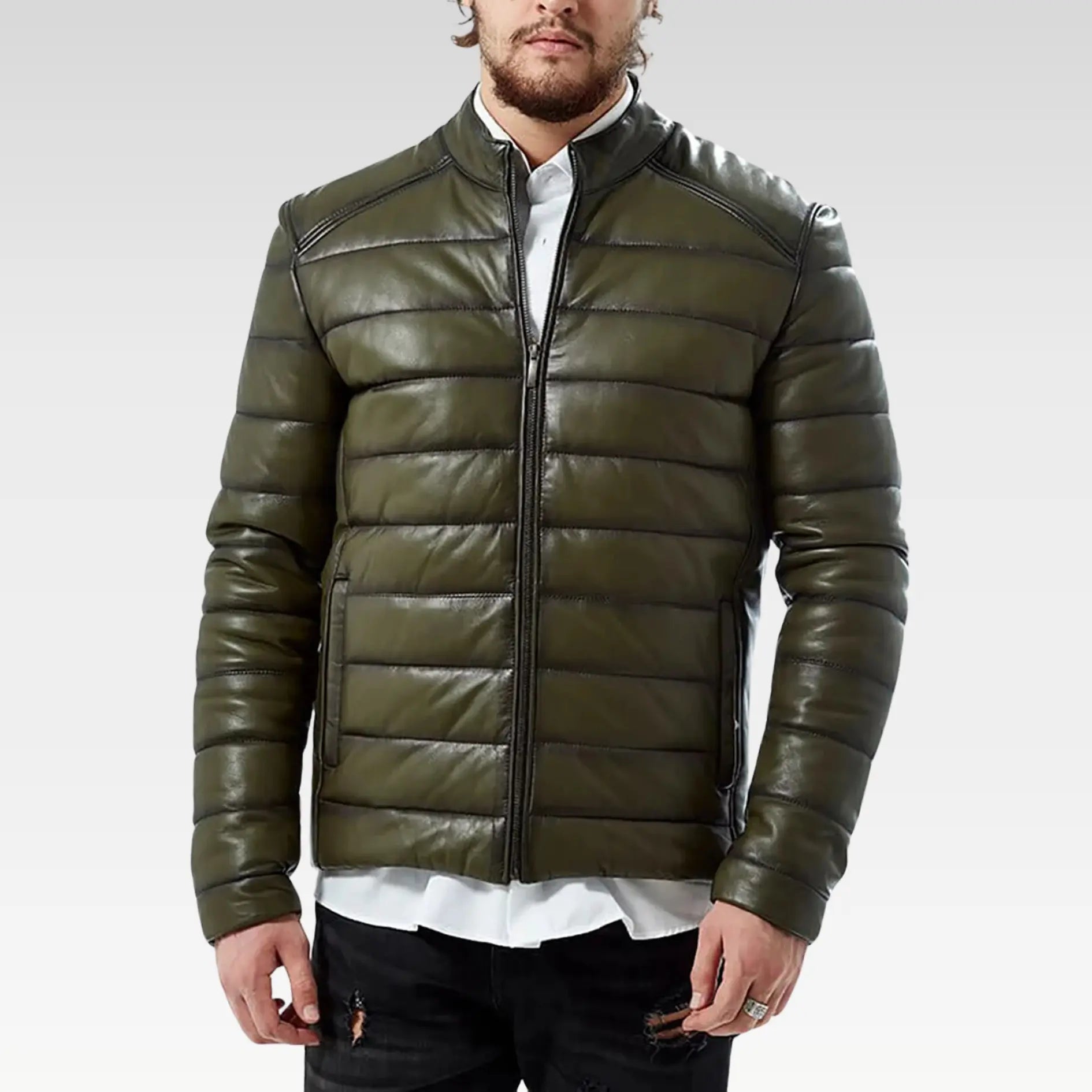 Men’s 100% Real Green Leather Inflatable Puffer Jacket