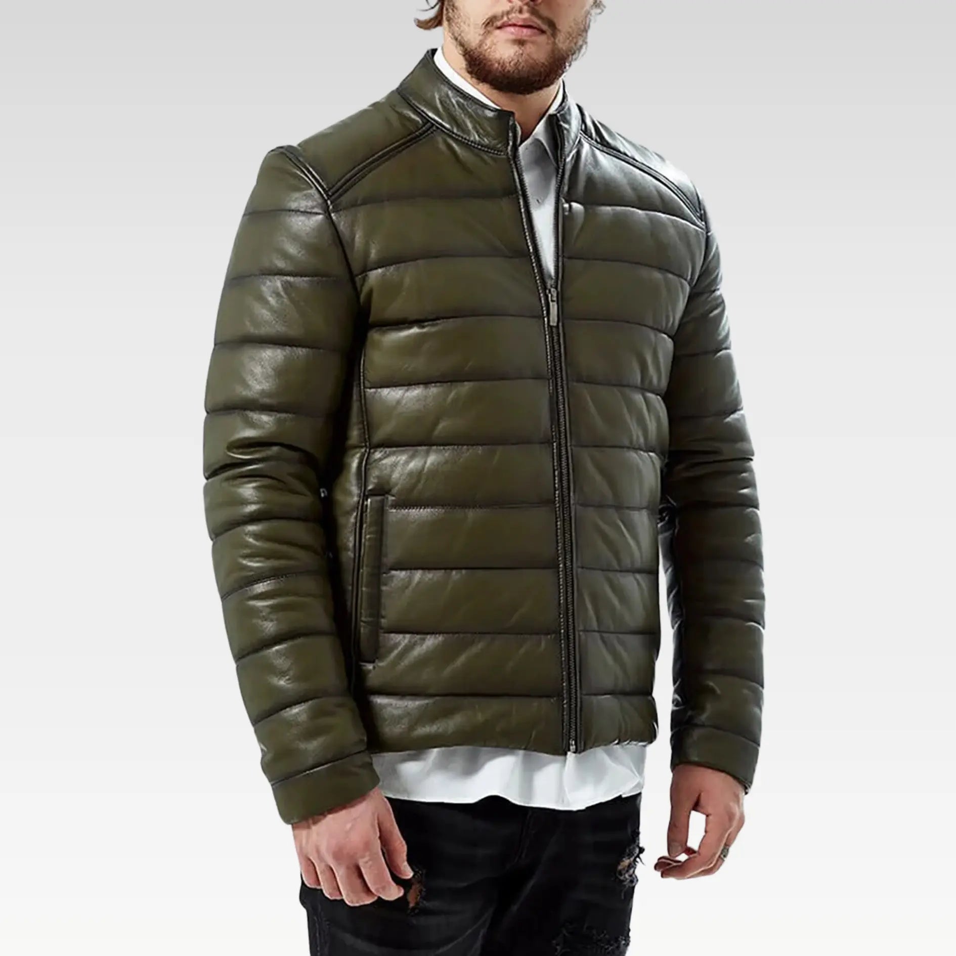 Men’s 100% Real Green Leather Inflatable Puffer Jacket