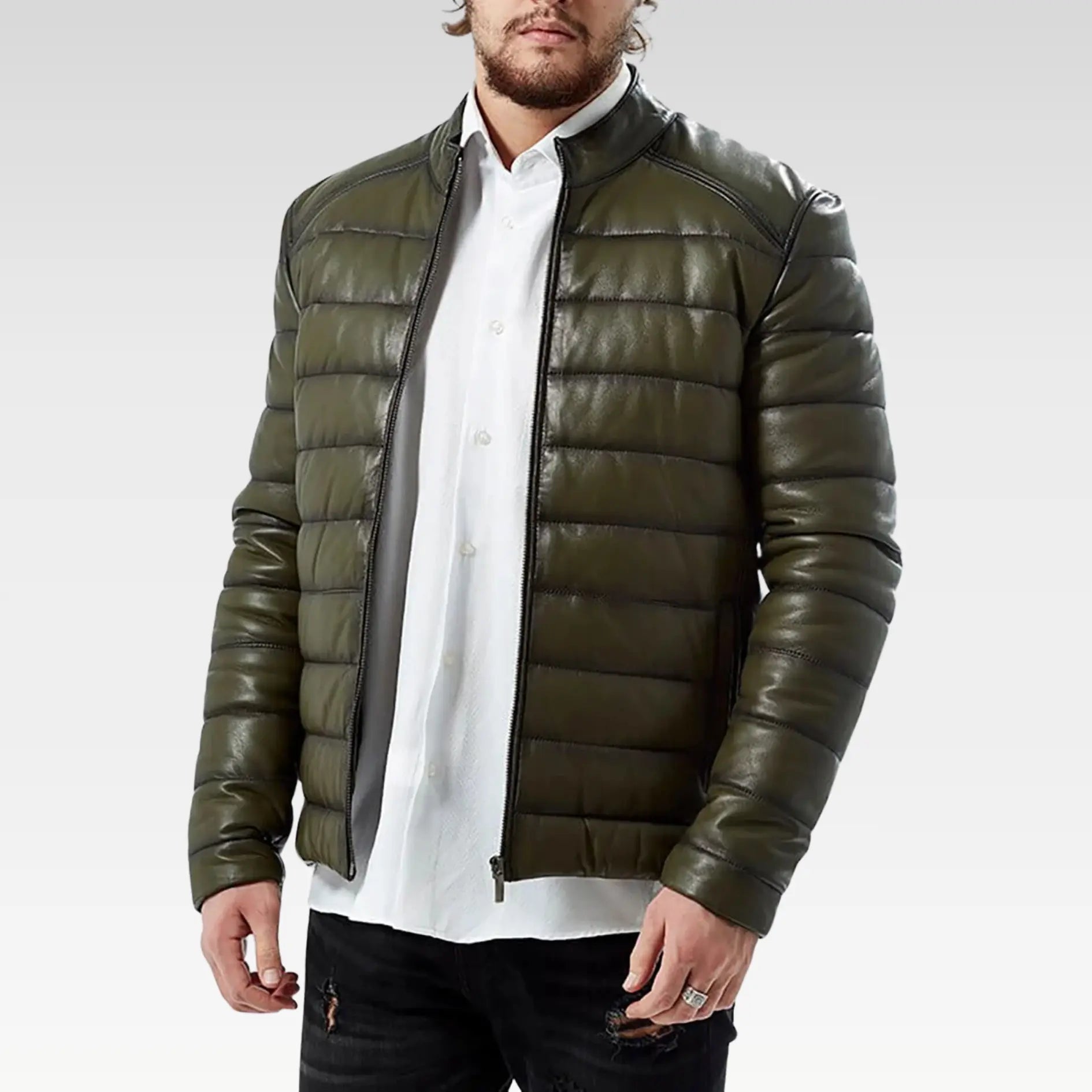 Men’s 100% Real Green Leather Inflatable Puffer Jacket