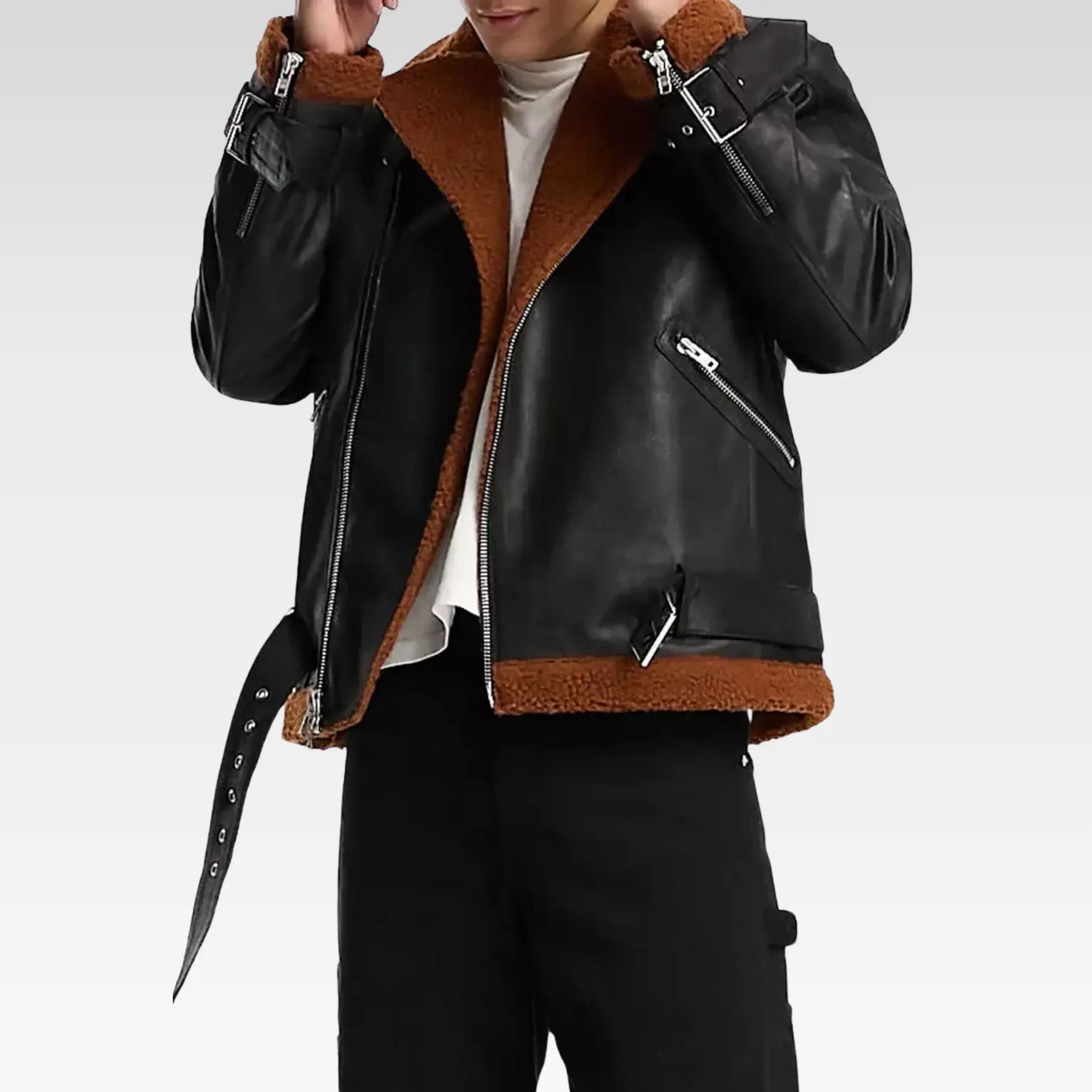 Men’s Belted Black Faux Leather Shearling Jacket