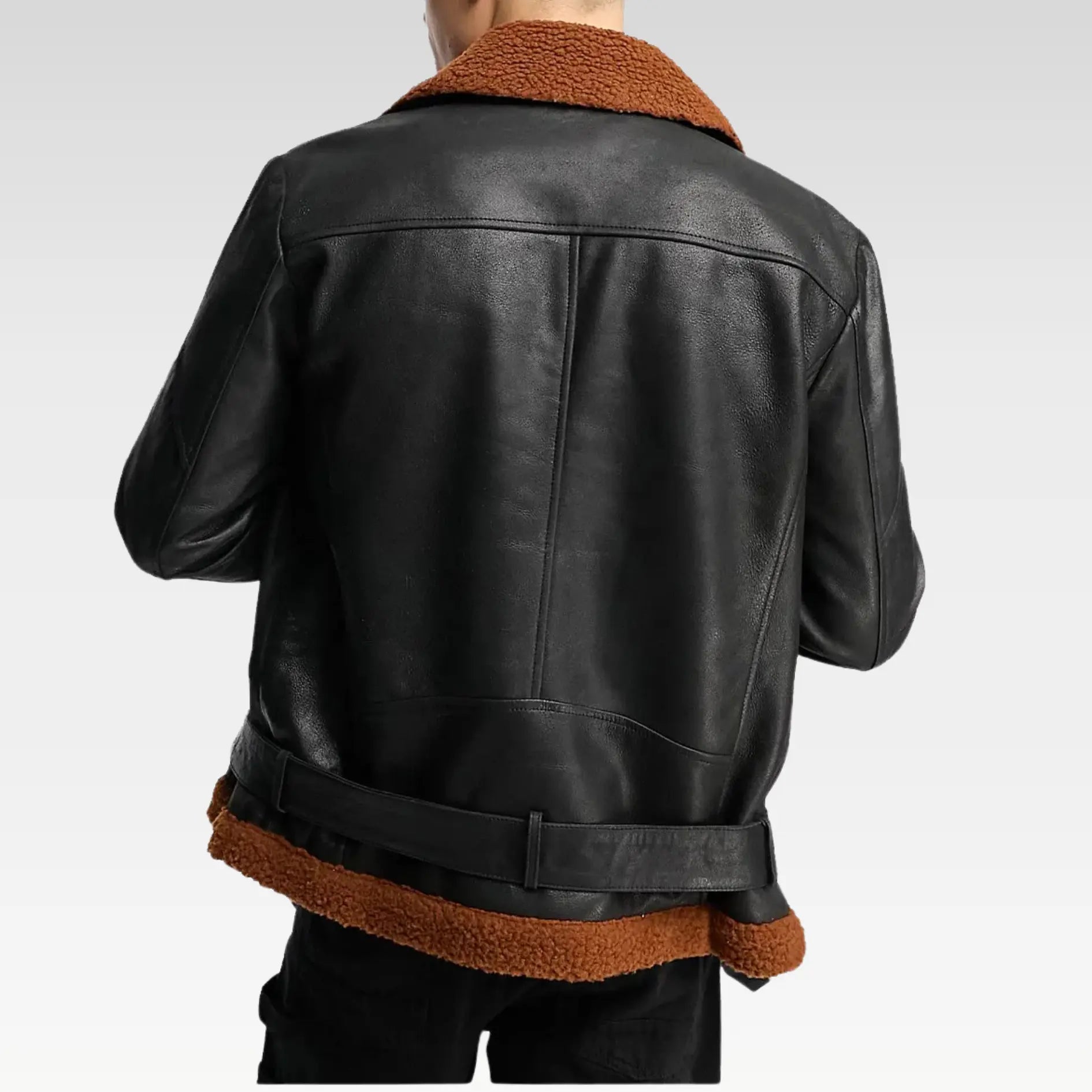 Men’s Belted Black Faux Leather Shearling Jacket