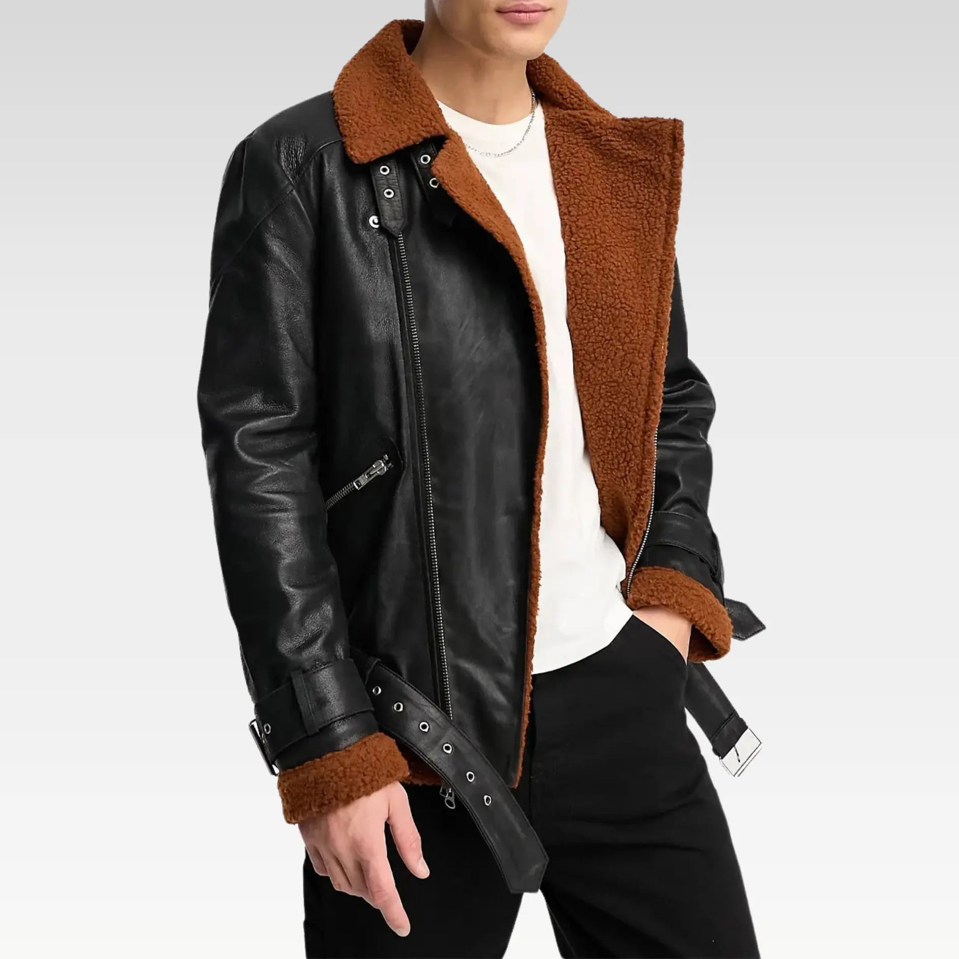 Men’s Belted Black Faux Leather Shearling Jacket