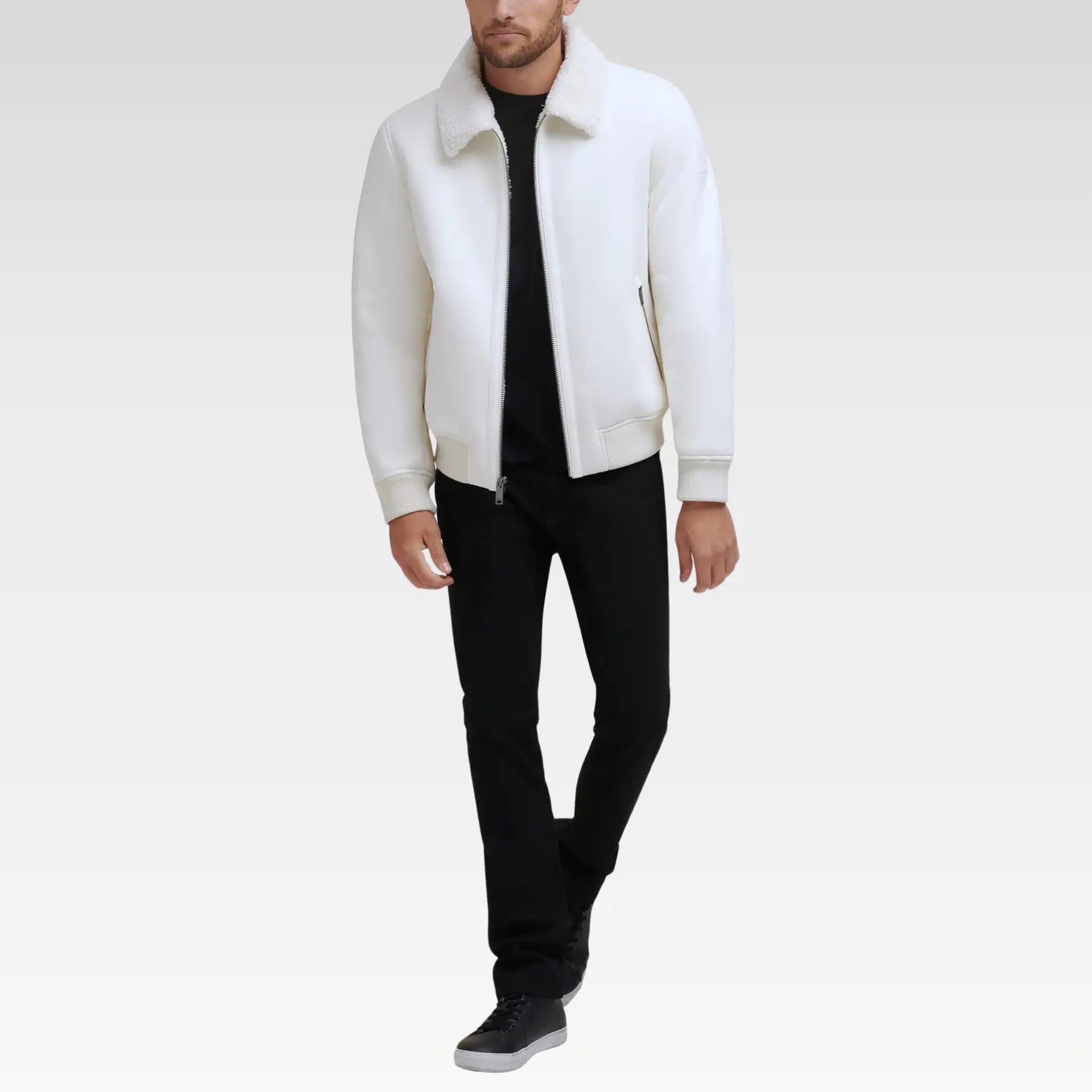 Men's Shearling Bomber Jacket with Fur Collar and Fur Coat