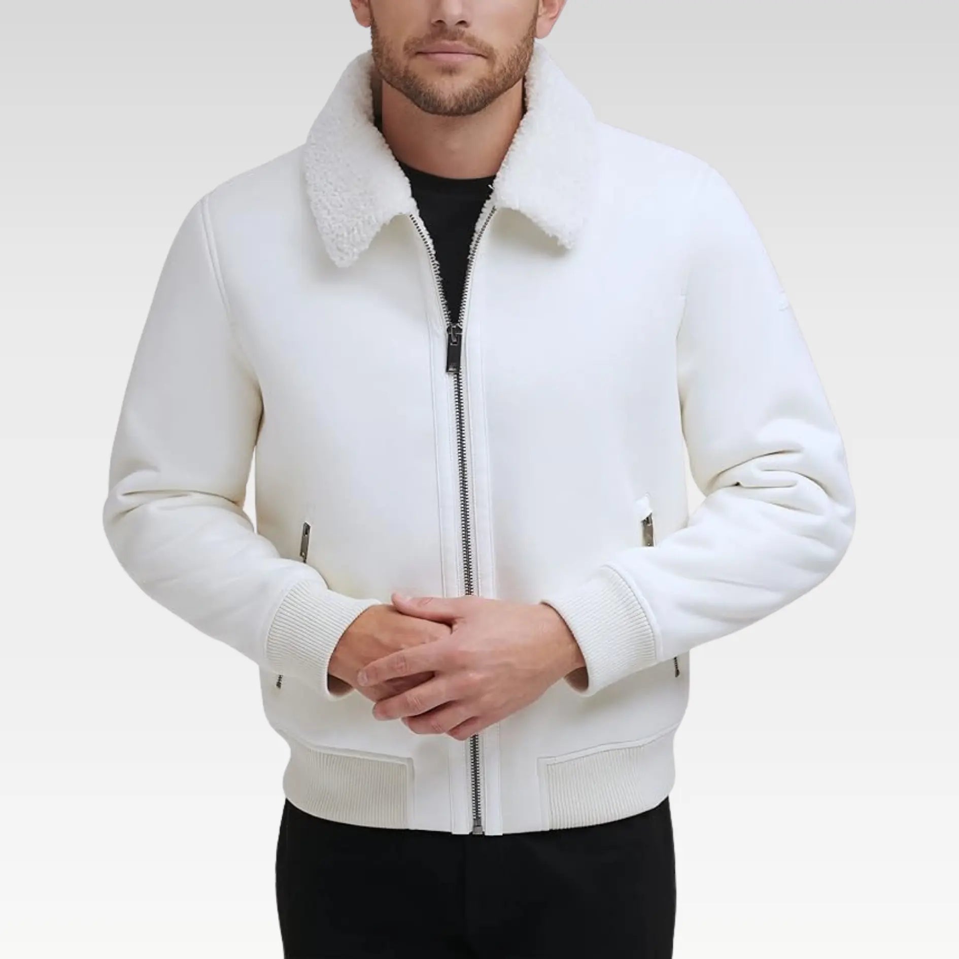 Men's Shearling Bomber Jacket with Fur Collar and Fur Coat